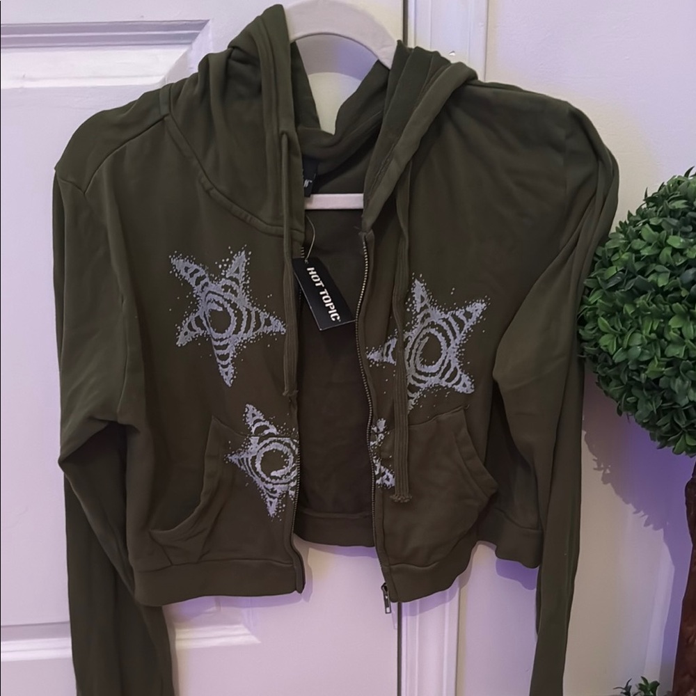 Hot Topic Olive grunge Hoodie with Star Patterns (NWT)